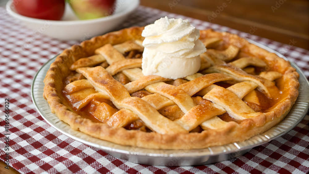 A lattice-topped apple pie with whipped cream on top sits on a checkered placemat. In the background, there is a bowl filled with fruit. A lattice-topped apple pie with whipped cream on top sits on a checkered placemat. In the background, there is a bowl filled with fruit.