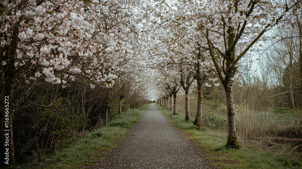 Serene Pathway Under Blooming Cherry Blossom Trees in Spring Serene Pathway Under Blooming Cherry Blossom Trees in Spring