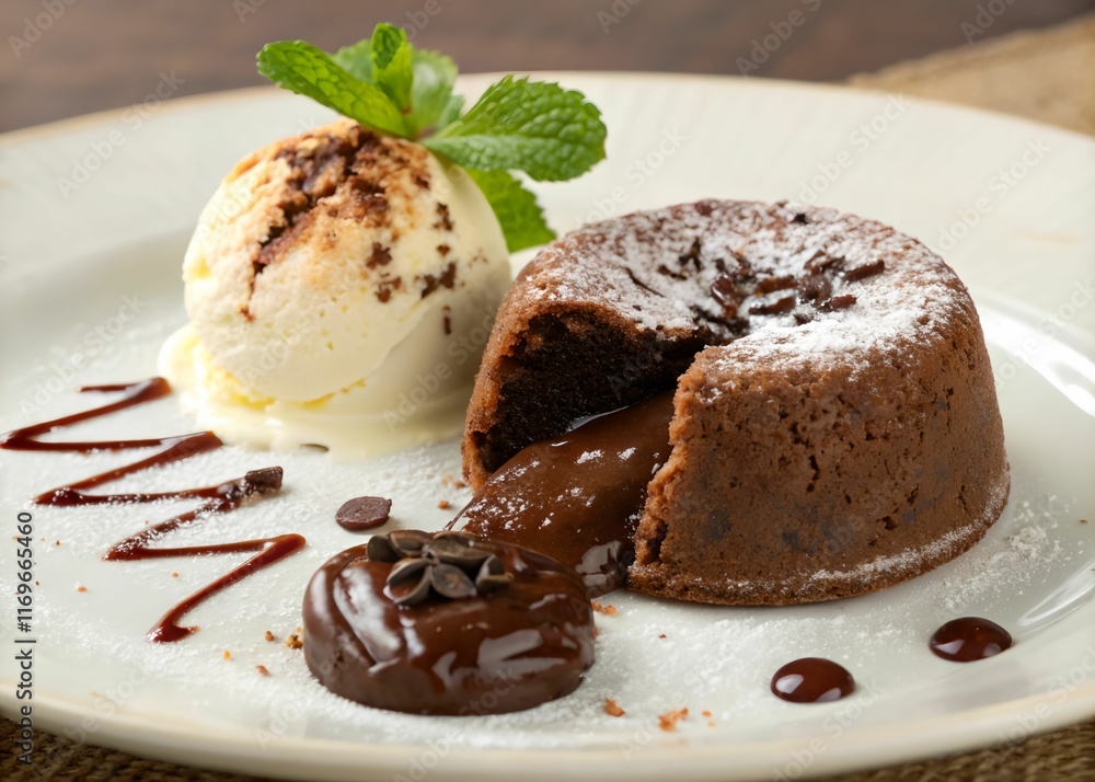A plate of dessert features a chocolate cake with a molten center, a scoop of vanilla ice cream, and a mint leaf garnish, all surrounded by chocolate shavings. A plate of dessert features a chocolate cake with a molten center, a scoop of vanilla ice cream, and a mint leaf garnish, all surrounded by chocolate shavings.
