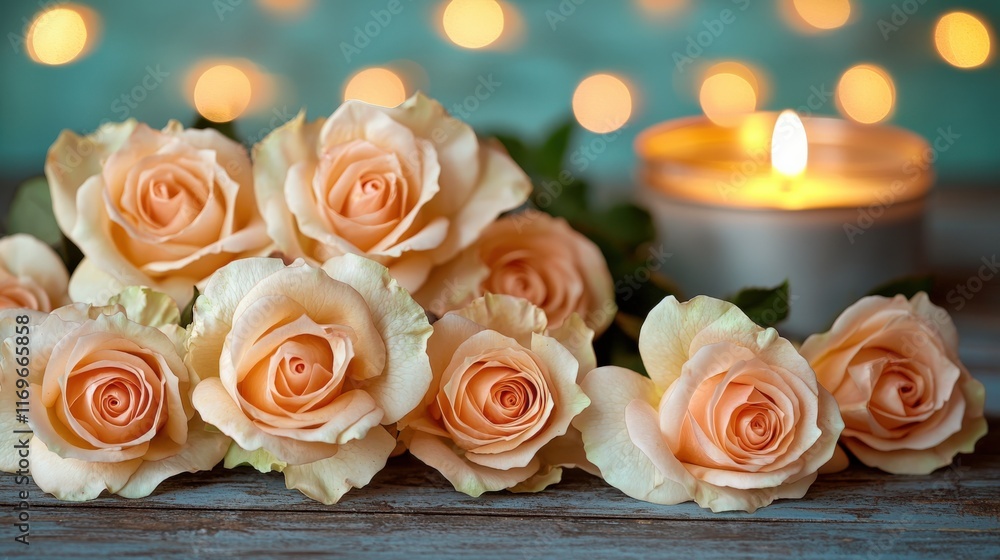 Obraz premium Soft Peach Roses with Candlelight Ambiance
