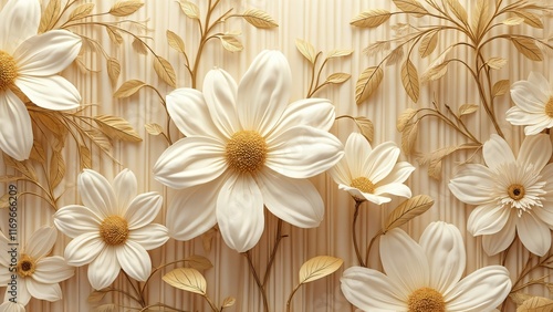 Elegant 3D Cream Flowers Gold Leaves Wall Art