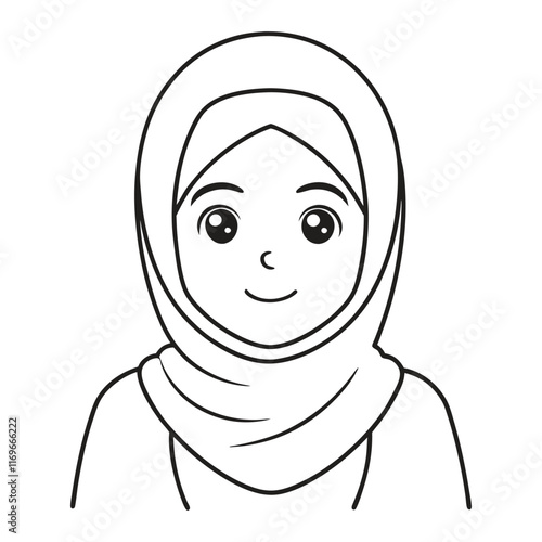 Cute muslim girl in hijab black line art illustration.