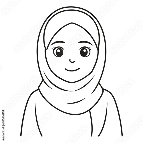 Cute muslim girl in hijab black line art illustration.