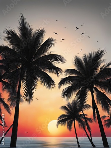 Breathtaking sunset in tropical paradise, colorful sky framing silhouettes of palm trees, serene waters reflecting mountains, great for travel, adventure, and relaxation-themed content.