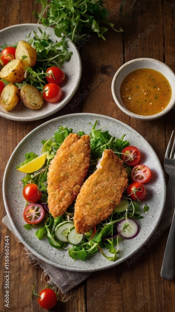 Golden Fried Fish Fillets with Vibrant Salad and Crispy Potatoes Golden Fried Fish Fillets with Vibrant Salad and Crispy Potatoes