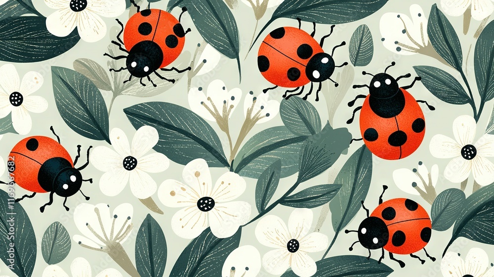 A field of white and green leaves and flowers with ladybugs sitting on a leaf top A field of white and green leaves and flowers with ladybugs sitting on a leaf top
