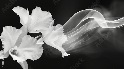   A monochrome image depicts a bloom emitting fumes from its petals against a dark canvas backdrop