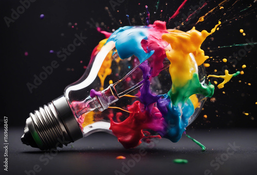 Creative light bulb explodes with colorful paint and splashes on a black background Think differentl photo