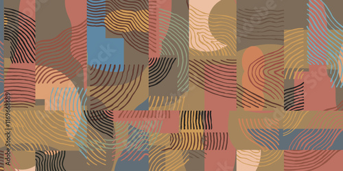 Crafted hand drawn brush line abstract collage pattern, Japanese and ethnic inspired tribal wood carving, wood block, engraving textured, minimal folk style graphic for carpet, textile