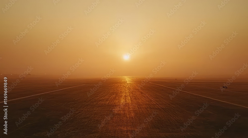 Serene Sunrise Over Empty Airport Runway in Morning Fog Serene Sunrise Over Empty Airport Runway in Morning Fog