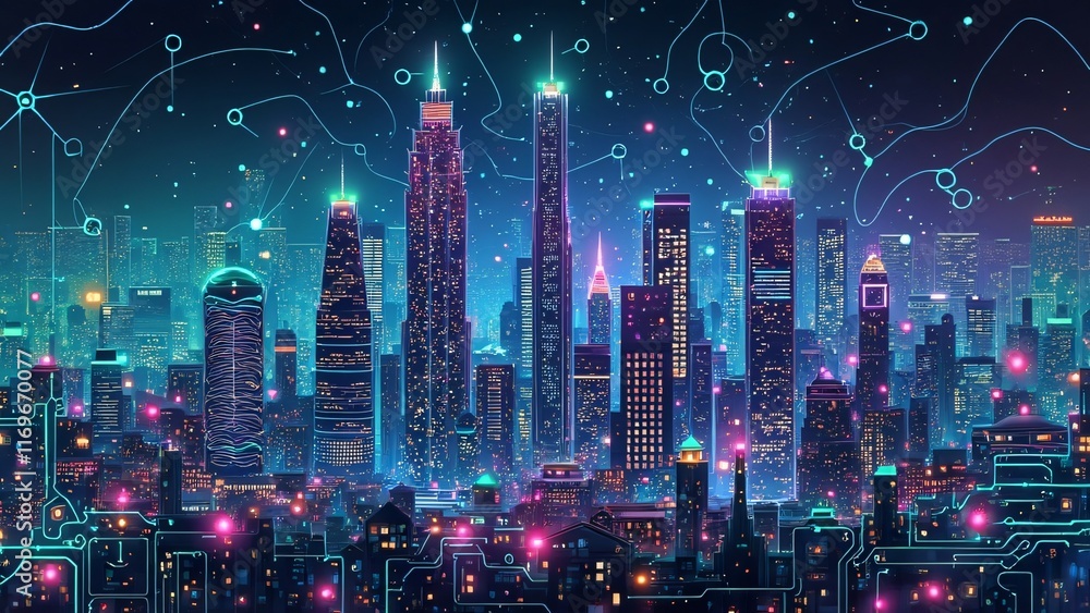 Fototapeta premium Cyberpunk Cityscape Neon Lights Futuristic Skyline Digital Art