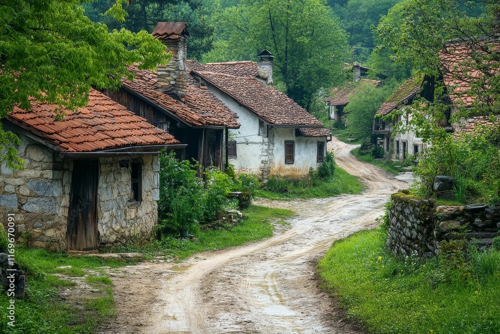 Stone houses, tiled roofs, verdant valley, dirt road. Stone houses, tiled roofs, verdant valley, dirt road.