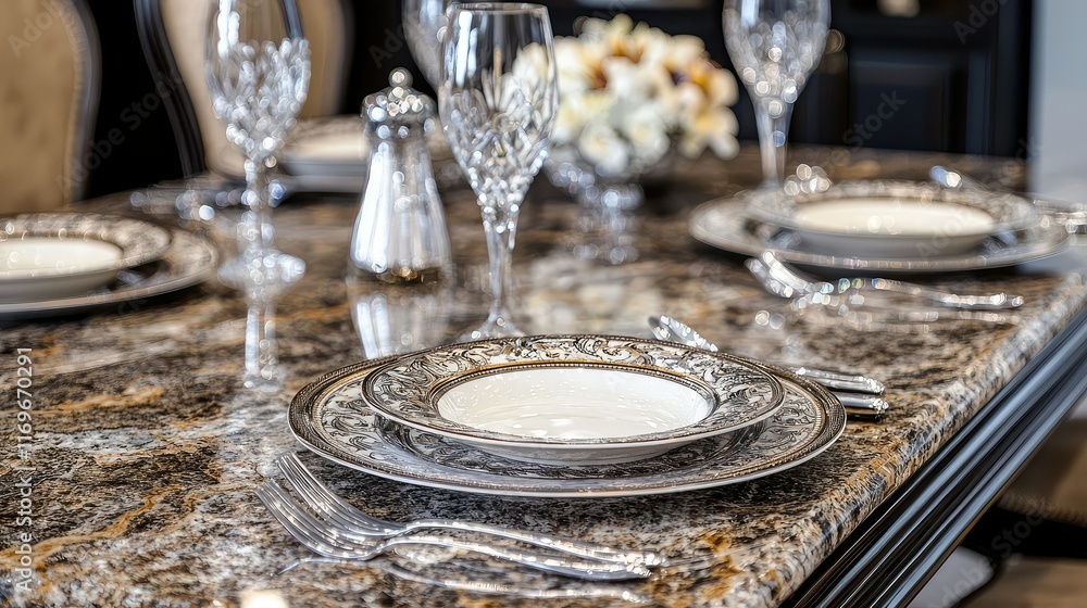 Elegant table setting with fine china and crystal glassware display