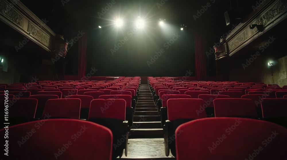 Fototapeta premium Empty Theater Seats with Spotlight Beaming on Stage Area