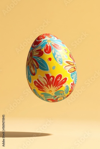 Brightly colored egg with floral ornaments levitates in a minimalist setting with copyspace, Happy Easter Day greeting card,  banner web design holiday background,