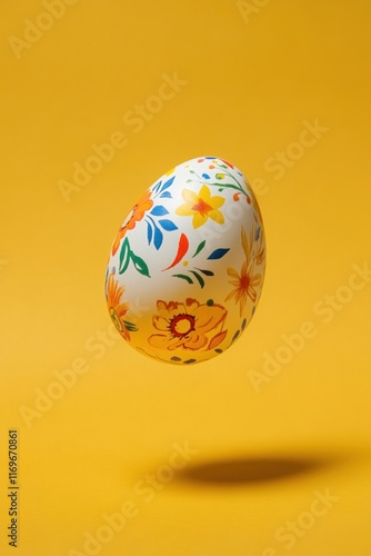 A beautifully decorated Easter egg hovers above a solid yellow background, showcasing bright colors with copyspace, Happy Easter Day greeting card,  banner web design holiday background,