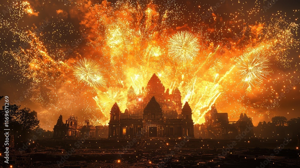 custom made wallpaper toronto digitalExplosive Fireworks Display Over Majestic Temple at Night