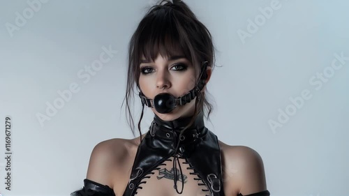 BDSM games, girl with gag in mouth, wearing leather collar and chain on neck, domination role playing games and fetish