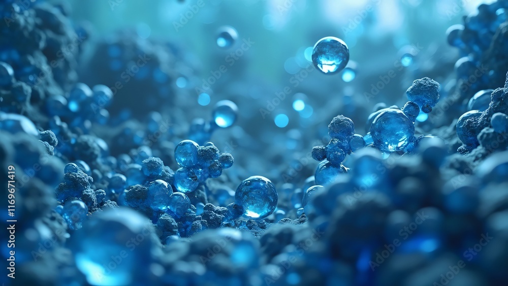 Abstract Blue Bubbles Floating on Surface, 3D Render Abstract Blue Bubbles Floating on Surface, 3D Render