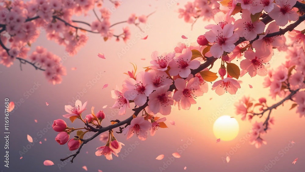 Fototapeta premium Stunning Pink Cherry Blossoms Sunset Bloom