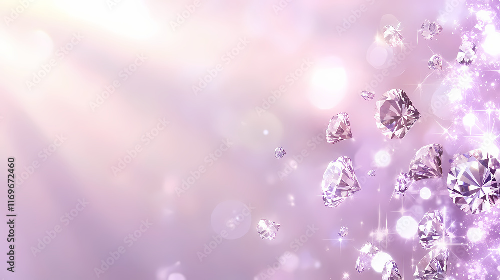 Sparkling diamonds scattered across a light purple background with soft focus and subtle lens flare effects, glamourous, lensflare, glitter. Sunflare. Illustration Sparkling diamonds scattered across a light purple background with soft focus and subtle lens flare effects, glamourous, lensflare, glitter. Sunflare. Illustration