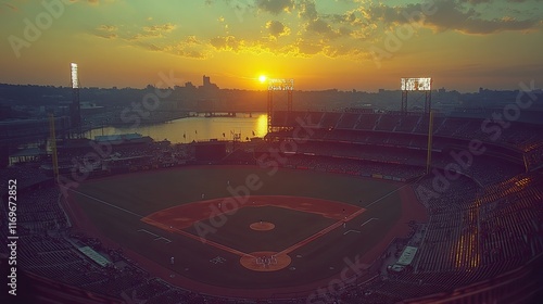 Sunset over a baseball stadium during a game. photo