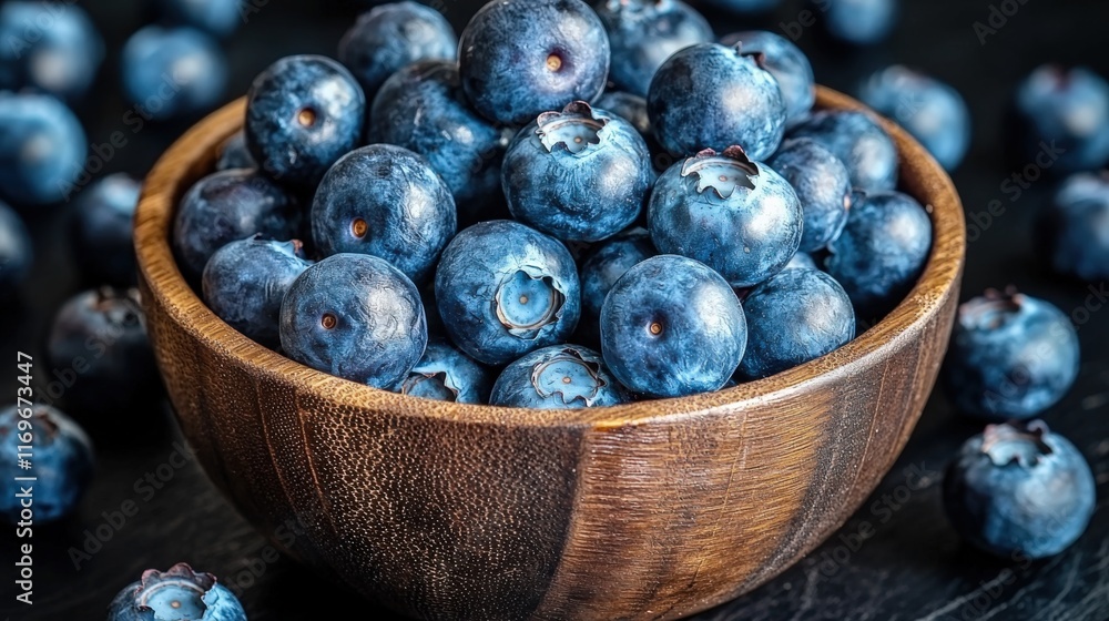 Fototapeta premium Fresh Blueberries in Rustic Wooden Bowl