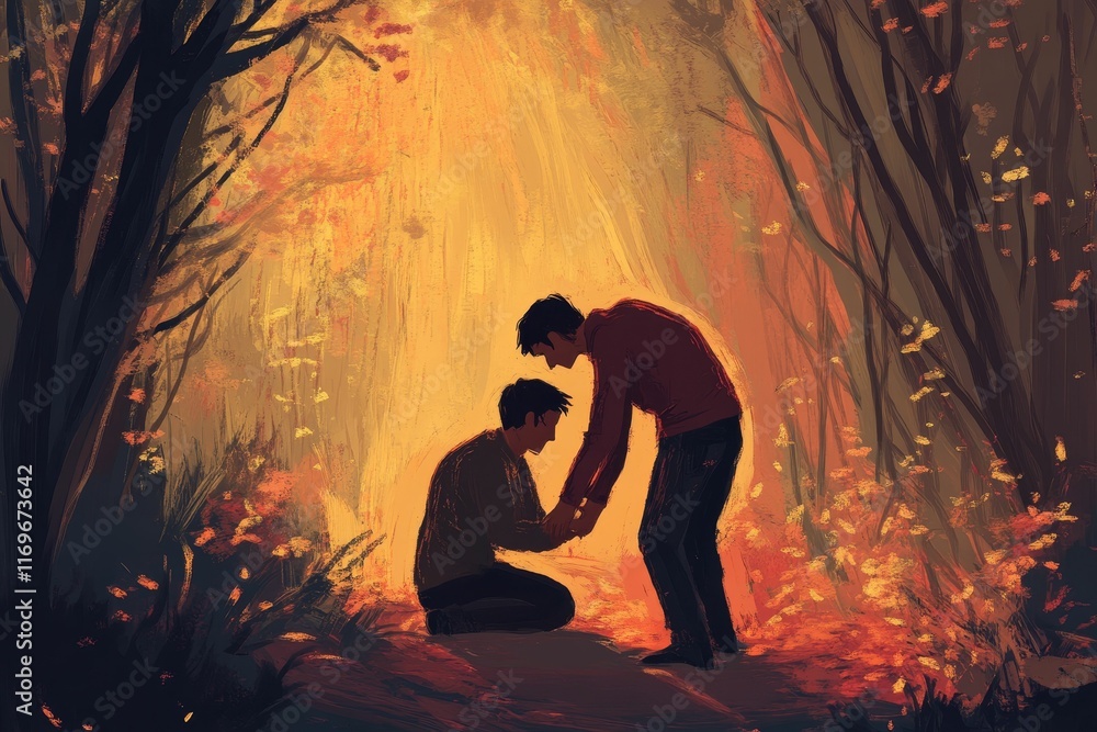 Two figures embrace in autumnal woods. Two figures embrace in autumnal woods.
