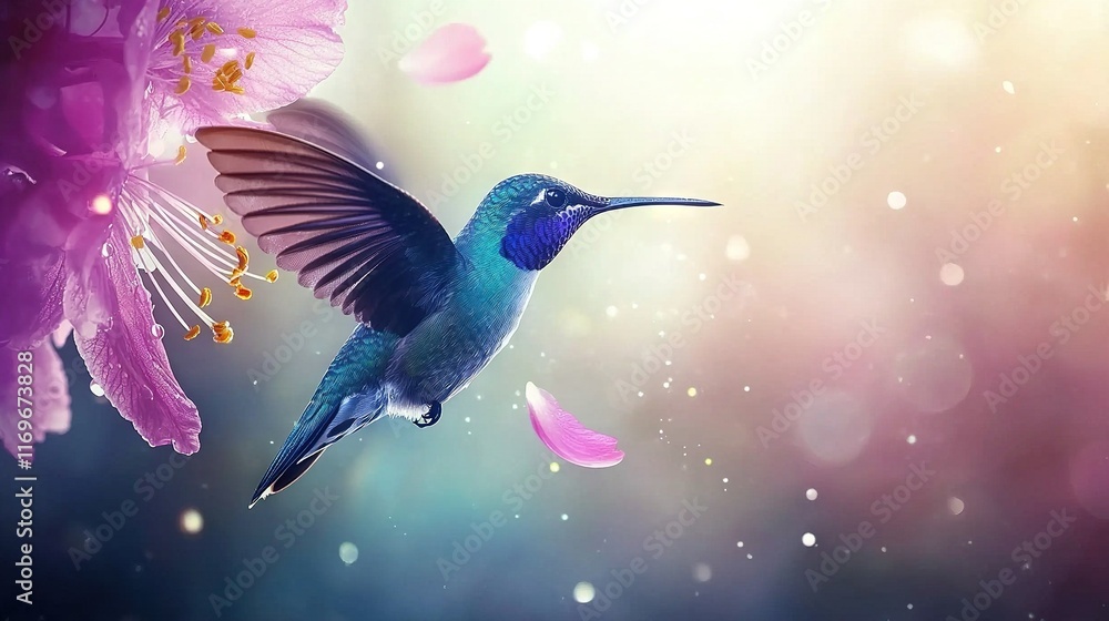 Obraz premium Hummingbird near pink flowers, on purple-pink background with radiant wing lights