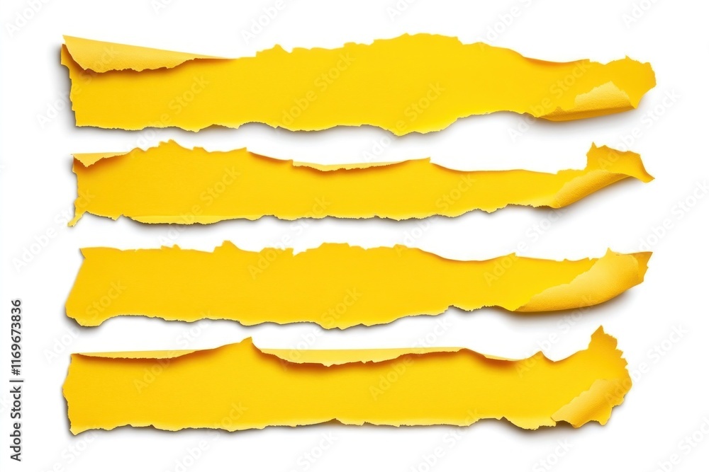 Yellow shredded paper strips with jagged edges create a bright contrast against a white background Yellow shredded paper strips with jagged edges create a bright contrast against a white background
