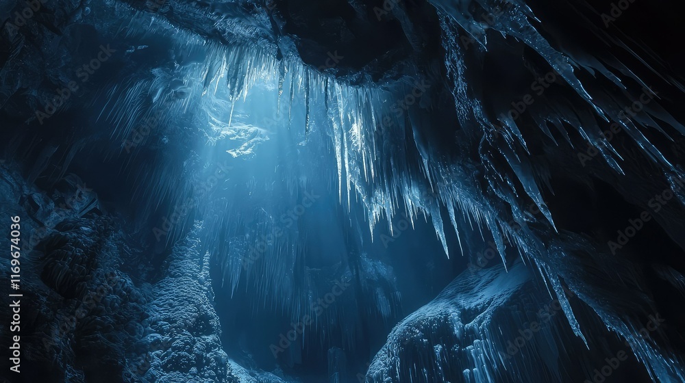 Serene Ice Cave with Glacial Formations and Blue Light Rays Serene Ice Cave with Glacial Formations and Blue Light Rays