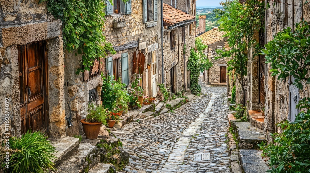 Fototapeta premium Charming Cobblestone Street in Quaint Village Surrounded by Greenery