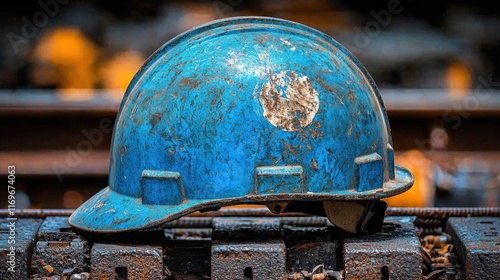 Worn Blue Hard Hat on Rails photo