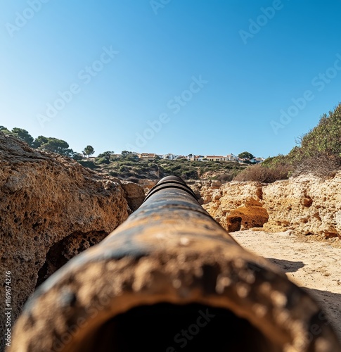 Desde el punto de mira de un viejo cañón de guerra, se disfruta el panorama del horizonte photo