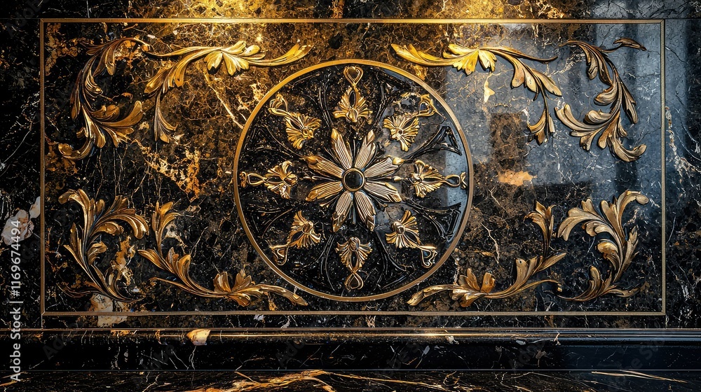 Naklejka premium Elegant Black Marble Wall Panel with Gold Floral Design Details