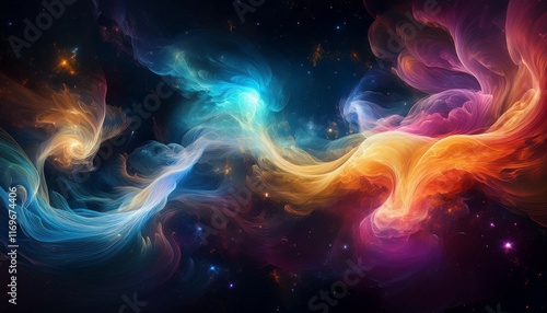 colorful abstract smoke swirling through a dark cosmic backdrop with hints of stars