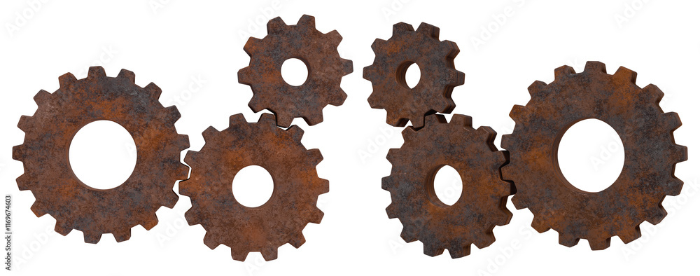 Realistic old gears system set. Isolated rust cogwheels. 3D rendering. Realistic old gears system set. Isolated rust cogwheels. 3D rendering.