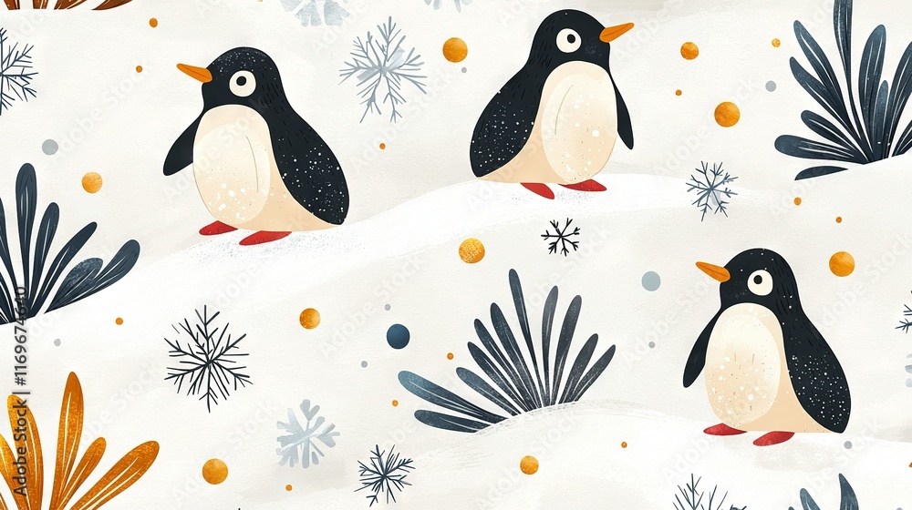 Fototapeta premium A pair of penguins stand on a snow-covered ground surrounded by plants and falling snowflakes
