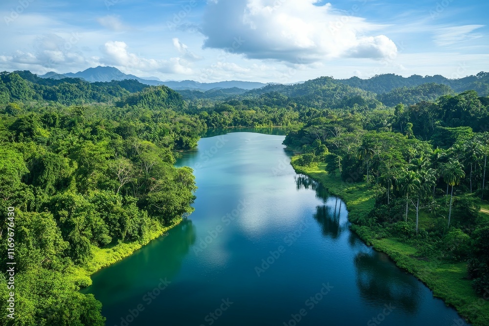 Serene river flows through lush green mountains. Serene river flows through lush green mountains.