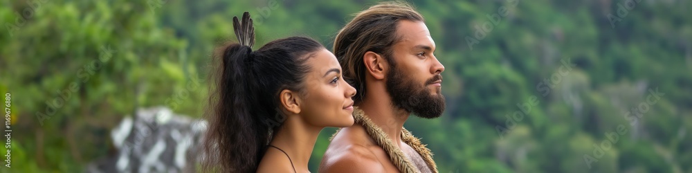 A man and woman are standing in a lush green forest. The man is wearing a necklace and the woman has her hair in a ponytail. They both seem to be enjoying the natural beauty of the forest A man and woman are standing in a lush green forest. The man is wearing a necklace and the woman has her hair in a ponytail. They both seem to be enjoying the natural beauty of the forest