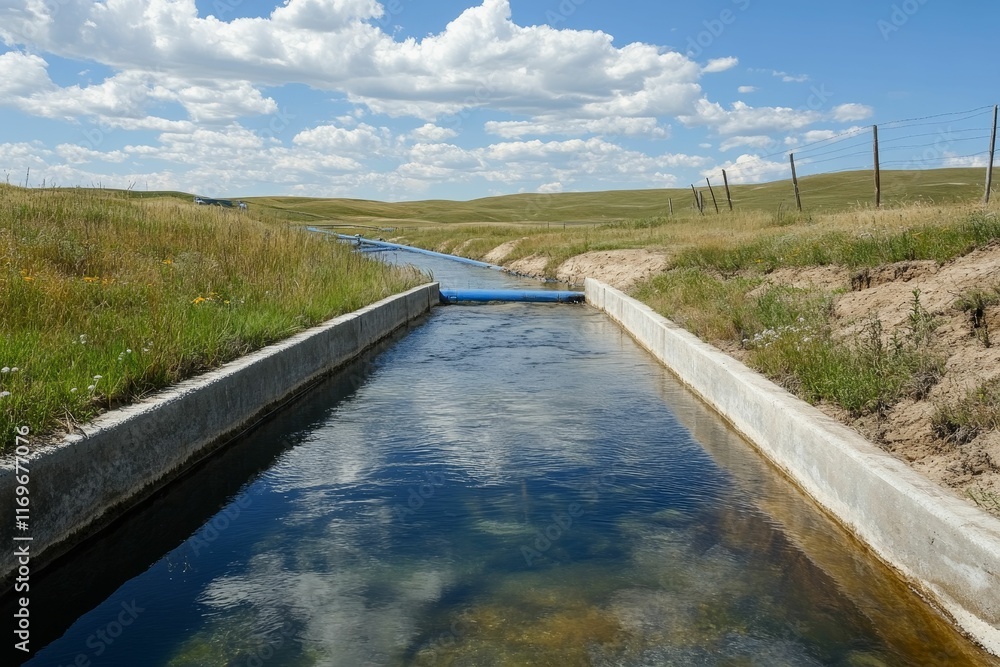 Irrigation canal: water flows through concrete channel. Irrigation canal: water flows through concrete channel.