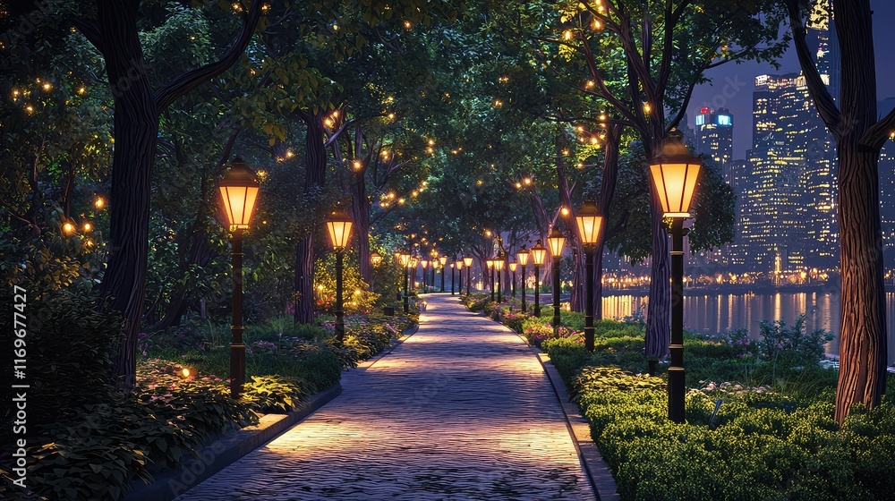 Obraz premium Serene Night Walk in Illuminated Park with City Skyline Views