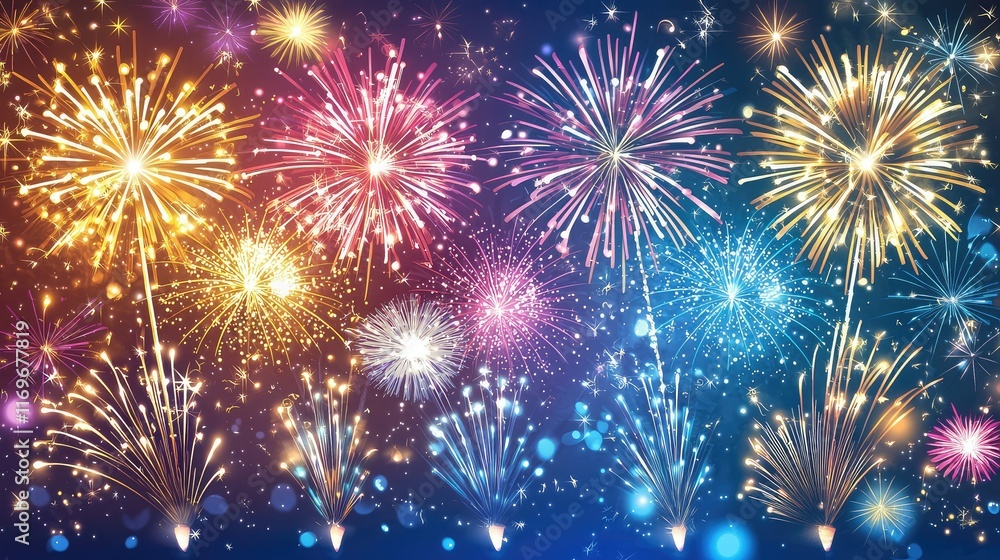 Fototapeta premium Colorful Fireworks Display Over Night Sky Celebrating Special Events