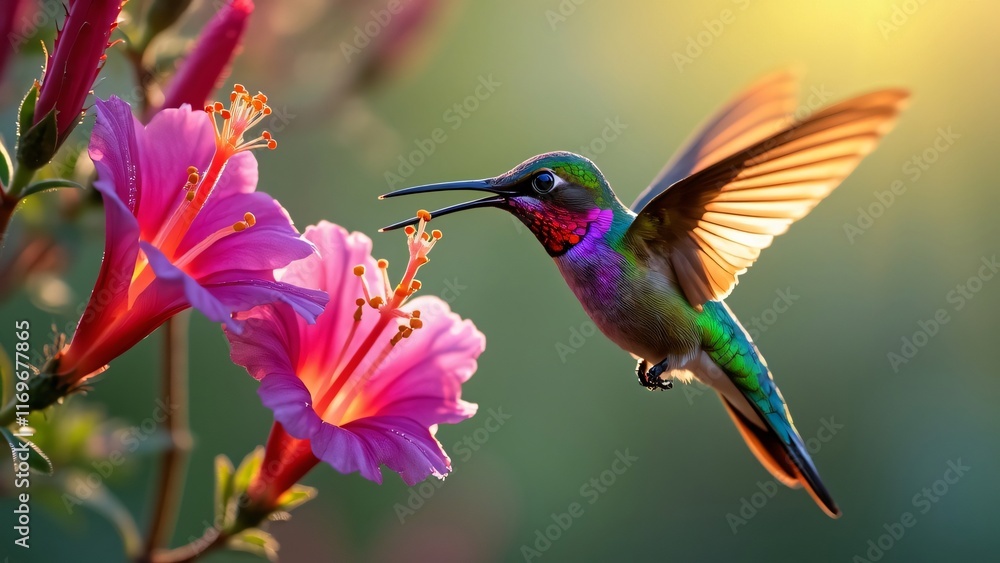 Naklejka premium Vibrant Hummingbird Feeding on Pink Flowers AI Art