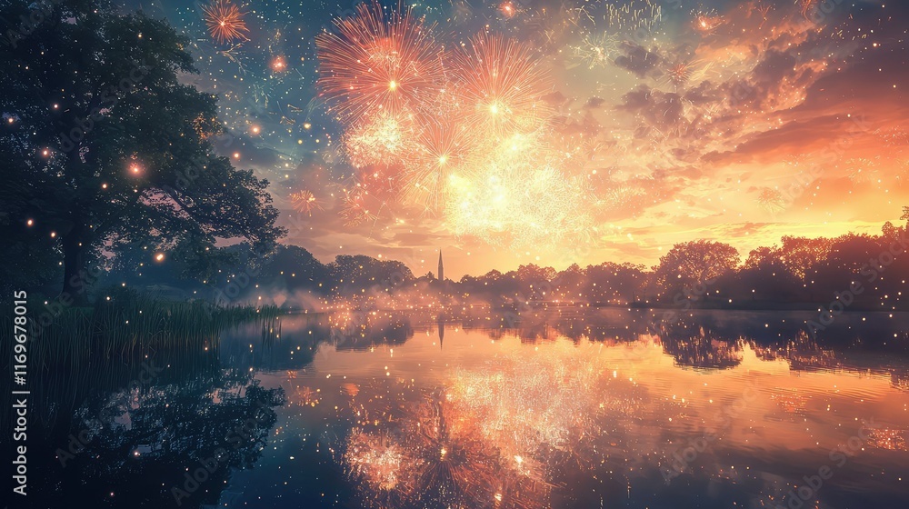 Fototapeta premium Breathtaking Fireworks Display Over Tranquil Lake at Sunset
