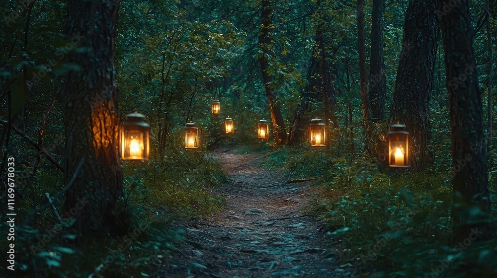 Obraz premium Enchanted Pathway with Lanterns Illuminating Forest Trail