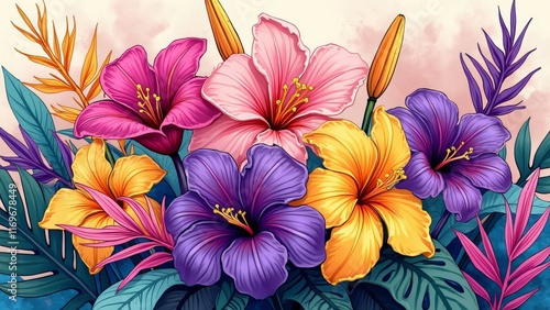 Wallpaper Mural Vibrant Tropical Hibiscus Flowers Bouquet Illustration Torontodigital.ca