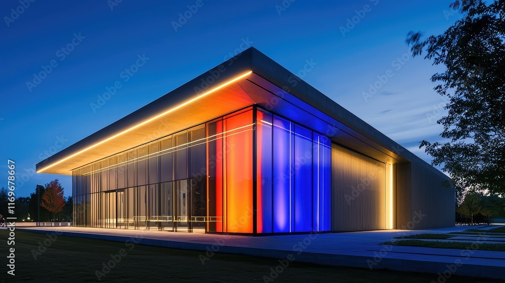 Modern Architectural Building with Colorful Light Display at Dusk Modern Architectural Building with Colorful Light Display at Dusk