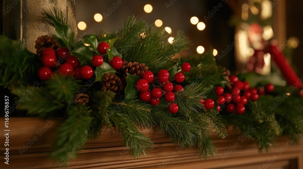 Festive Christmas mantelpiece garland with red berries, pine cones, and evergreen branches against a warm, bokeh background. Festive Christmas mantelpiece garland with red berries, pine cones, and evergreen branches against a warm, bokeh background.
