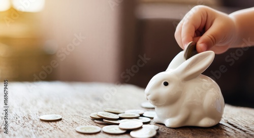 Child’s Hand and Pastel Bunny Piggy Bank.